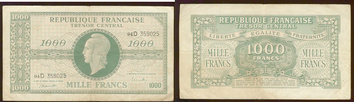 1000 francs Marianne 1945 gVF